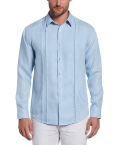 Add timeless guayabera style to your smart casual wardrobe with this men's long sleeve shirt from the Cubavera Collection. Crafted from 100% linen with plain weave fabrication, this men's button-down shirt is lightweight but durable. The embroidered pintuck detailing adds authentic style while the point collar provides Guayabera Outfit, Cuban Shirts, Smart Casual Wardrobe, Guayabera Shirt, Cerulean Blue, Mens Linen, Minimal Outfit, Men's Button Down Shirt, Men's Wardrobe