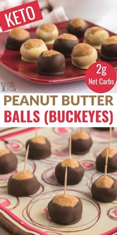 chocolate covered peanut butter balls on a red plate with the words keto next to it