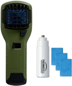 an electric shaver next to three pieces of blue shaving paper and a lighter