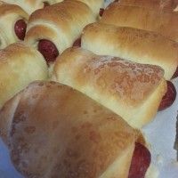 hot dogs in buns lined up on a tray