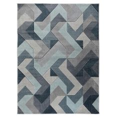 a rug with grey and blue geometric shapes