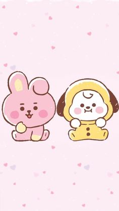 two cartoon animals sitting next to each other on a pink background