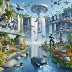 a futuristic car driving through a waterfall filled with lots of birds and other things in the air