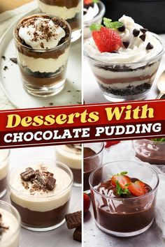 desserts with chocolate pudding and strawberries in glass dishes