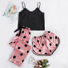 Season:Summer,Spring; Fabric:Satin,Silk; Sleeve Length:Sleeveless,Long Pant,Short Pant; Gender:Women's; Quantity:3 Pieces; Nightwear Style:Pajamas,Sets; Style:Comfort,Fashion; Elasticity:Micro-elastic; Tops Type:Strap Top; Occasion:Daily,Home,Bed; Function:Breathable; Pattern:Geometic; Design:Elastic Waist; Neckline:Straps; Bottom Type:Pant,Shorts; Listing Date:03/08/2024; Hips:; Length [Bottom]:; Length [Top]:; Waist:; Bust: Pijamas Women, Satin Pj Set, Pyjama Satin, Lace Cami Top, Polka Dot Shorts, Satin Pyjama Set, Satin Pajamas, Print Pajamas, Lace Cami