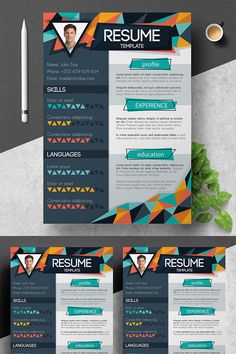 a professional resume template with geometric shapes and colors on it, including the cover letter