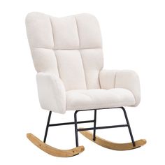 a white rocking chair with black legs and a wooden frame on an isolated white background