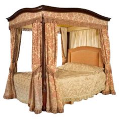 a four poster bed with drapes and curtains on the sides, in an antique style