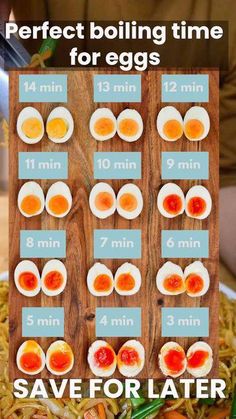 the instructions for how to make perfect boiling time for eggs on top of rice and carrots