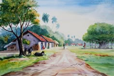 a painting of a country road with houses and trees