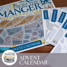 several calendars are stacked on top of each other with the words, from the manger adventure calendar