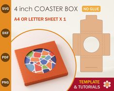 an orange box with a colorful design on the front and side, next to it's cardboard cover