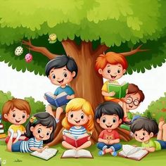 many children reading books under the tree