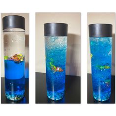 three different views of a blue liquid in a glass filled with water and seaweed