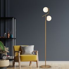 a living room with a yellow chair and floor lamp