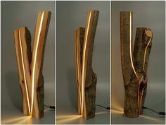 three different views of a lamp made out of wood and metal tubes with wires running through them