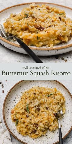 two plates with different types of food on them and the words butternut squash risotto