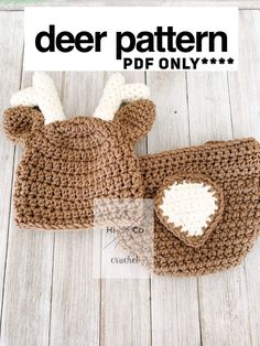 the crocheted deer hat and diaper cover are shown on a wooden surface