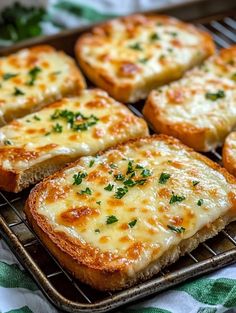 several pieces of bread with cheese and parmesan toppings on a cooling rack