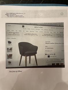 an advertisement for the west elm chair is shown in front of a computer monitor screen