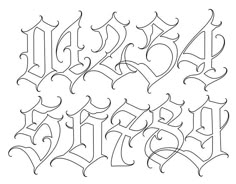 the letters and numbers are drawn in an intricate manner with black ink on white paper