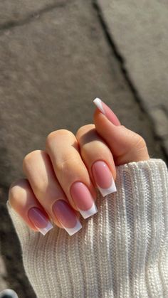 Acrylic Square Nails French Tip, French Nails Pink Base, Milly White Nails, Pinky Nude Nails, Classic Acrylics, Short Frenchies, French Tip Nails Acrylic, Her Nails