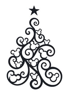 mickey mouse christmas tree with stars and swirls on the top, in black and white