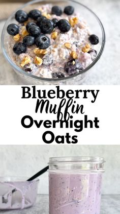 blueberry muffin overnight oats in a glass bowl next to a cup of milk