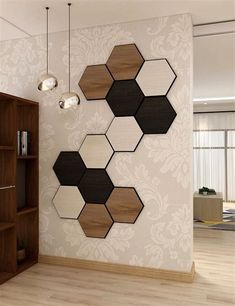 the wall is decorated with wooden hexagons