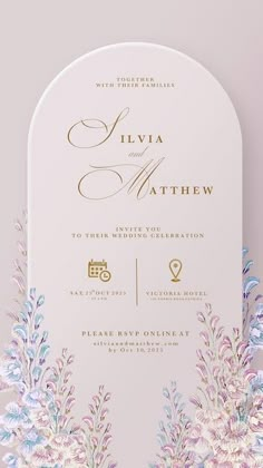 the wedding stationery is designed to look like an arch with flowers and leaves on it