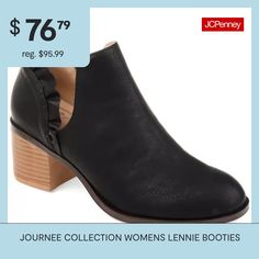 Could this bootie be any cuter? You'll love this new bootie by Journee Collection. This bootie has it all from faux leather material and a perfect deep v cut-out to ruffle heel accents. The best part about this bootie is that it is part of our comfort line. You'll get beautiful detail and You'll be comfortable all day!Features: Lightweight, ComfortClosure Type: Slip-OnShaft Circumference: 12 InchesBoot Shaft Height: 2 1/2 InchesShoe Heel Height: 2 1/4 InchesUpper/Outer Base Material: 100% Synth… Journee Collection, V Cuts, Stacked Heel, Leather Material, Deep V, Boots Booties, Bootie, Heel Height, Cut Out