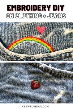 a pair of jeans with the words embroidery diy on it and an image of a rainbow