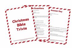 two christmas bible trivias with red and white envelopes on the top one