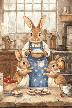 a painting of three rabbits eating food at a table with an oven in the background