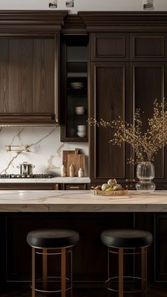 #USA #viralpin Dark Wood Marble Kitchen, Dark Wood And Marble Kitchen, Dark Moody Kitchen Cabinets, Dark Walnut Cabinets Kitchen, Dark Wood Cabinet Kitchen, Dark Walnut Cabinets, Dark Wood Cabinets Kitchen, Dark Cabinet Kitchen, Moody Kitchen Ideas