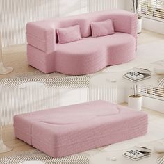 a pink couch sitting on top of a white floor