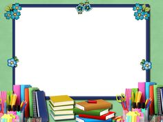 there are many books and pencils in front of a white board with flowers on it