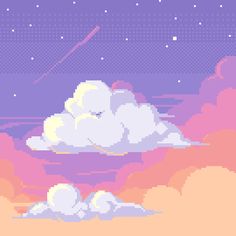 an old school pixel art scene with clouds and stars