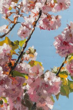 an oil painting of pink flowers against a blue sky