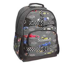 a gray backpack with cars and checkers on it