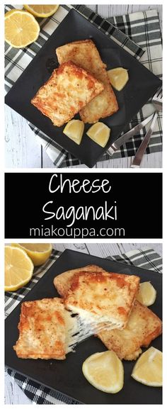 cheese saganaki with lemon slices on a black plate