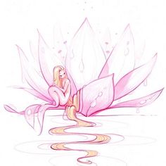 a drawing of a woman sitting on top of a flower in the water with her hands behind her back