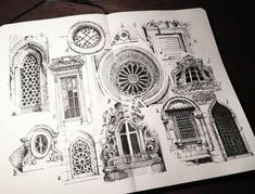 an open book with architectural drawings on the pages and in front of it is a drawing of different types of windows