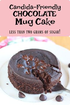 a chocolate cake on a plate with the words canada - friendly chocolate mug cake less than two grains of sugar