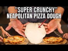 two pizzas are being cut into pieces on a table with the words super crunchy neapolian pizza dough