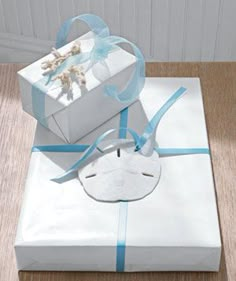 a white gift box with blue ribbon and bows