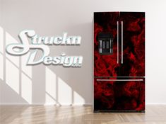 a black and red refrigerator with the words stuck in design on it's side