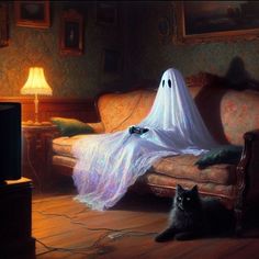 a black cat laying on top of a couch next to a ghost in a living room