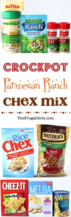 an assortment of crackers, cheeses and other snacks on a white background with the text crockpot parmesan ranch chemix mix