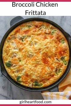 broccoli chicken frittata in a cast iron skillet with text overlay